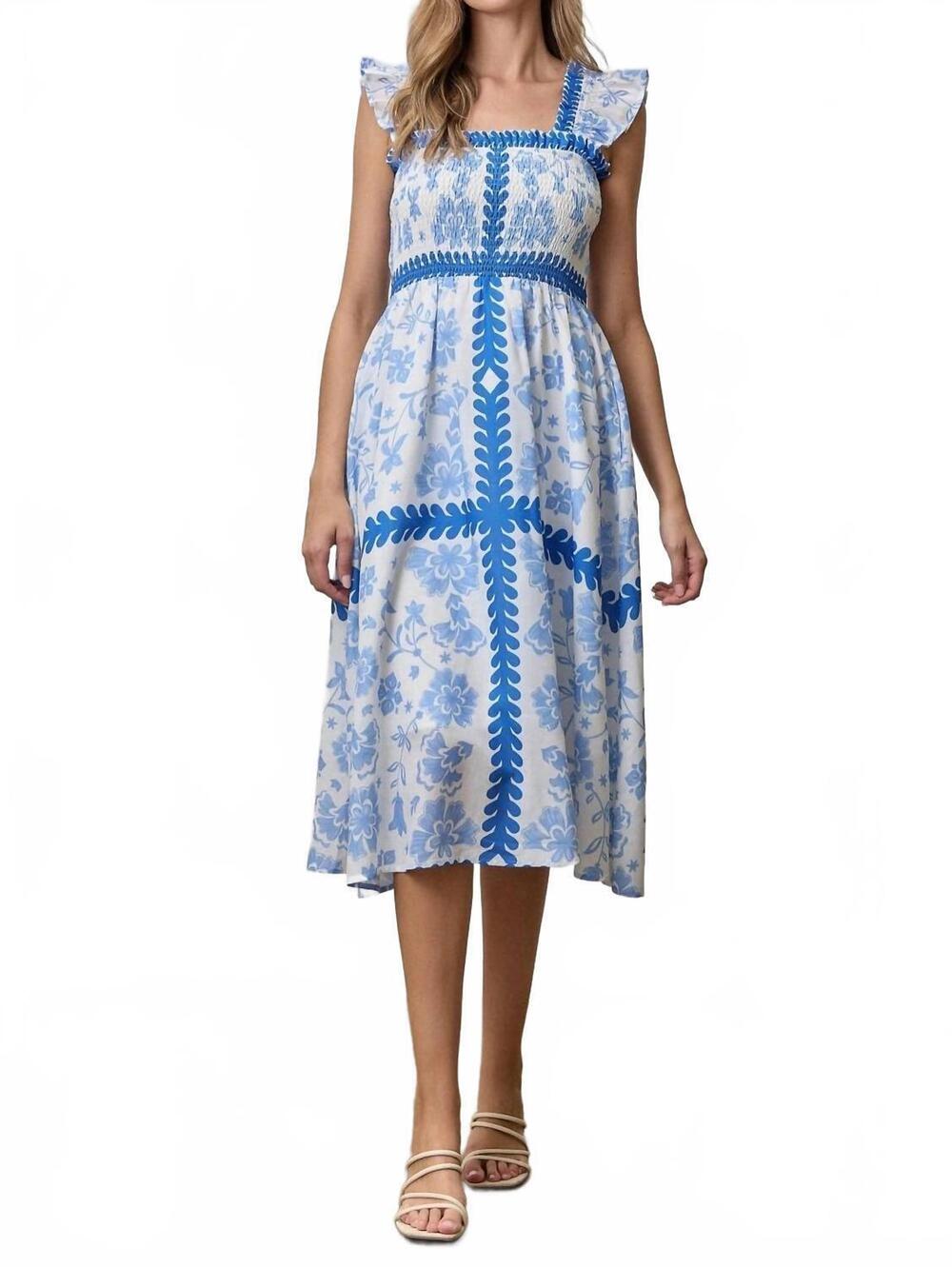 NEW POLAGRAM smocked bodice midi dress in blue multi